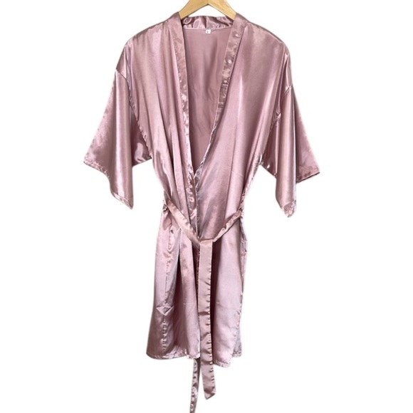 Maid Of Honour Elegant Satin Robe Dusty Rose Pink Kimono Wrap Tie Belt Size L - Picture 2 of 12